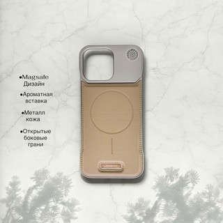 Чехол MetallAroma Titanium для iPhone 15 Pro Max, с ароматической вставкой, MagSafe дизайн, металлический верх, эко-кожа