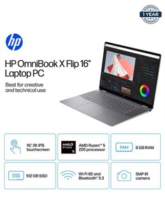 HP - OmniBook X Flip 2-in-1 16" 2K Touch-Screen Laptop, AMD Ryzen 5, LPDDR5 8GB, 512GB SSD