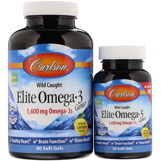 Carlson, Elite Omega-3 Gems, отборные омега-3 кислоты из норвежской рыбы дикого улова, натуральный лимонный вкус, 1600 мг, 90+30 капсул (800 мг в 1 капсуле)