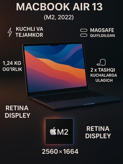 Ноутбук Apple MacBook Air 2022, M2, вес 1.24кг, размеры 304,1x215x11,3