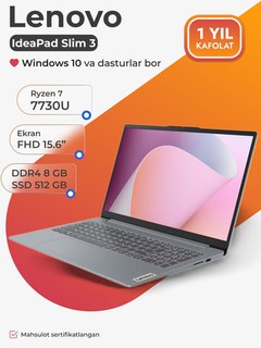 Noutbuk Lenovo Slim 3, AMD Ryzen 7-7730U, DDR4 8GB, SSD 512GB, 15.6" FHD IPS, Windows