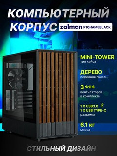 Компьютерный корпус Zalman P10 Namu, Mini-Tower, 3 вентилятора в комплекте, с кронштейном, P10NAMUBLACK