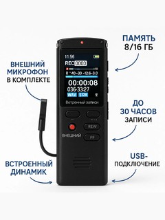 Диктофон, ЖК-дисплей, поддержка MP3, внешний микрофон, наушники, 8 ГБ/16 ГБ