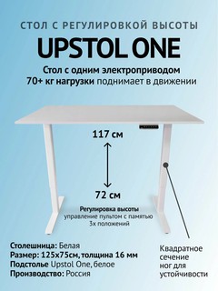UPSTOL Компьютерный стол с регулируемой высотой One: рама белая и столешница ЛДСП Белая 125*75 SHB2420-D450-W-W125