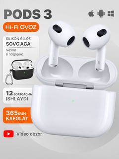 Simsiz quloqchinlar Pods 3 hi-fi chip, sensorli, iPhone va Android uchun naushnik