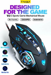 Мышь T-Wolf V6, игровая, имеет 6 клавиш со светодиодной подсветкой RGBRGB-подсветка, для правой руки, USB Type-A