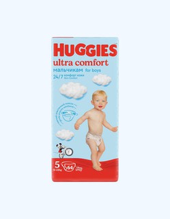 Huggies Ultra Comfort 5 taglik, o'g'il bolalar, 12-22 kg, 15/64 dona