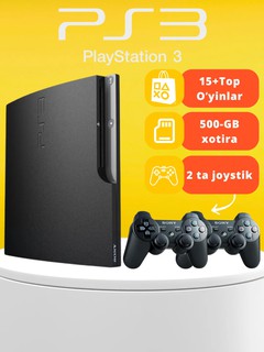 Sony PlayStation 3 Slim, 250 ГБ HDD, 15 игр загружено, 2 джойстика, черный