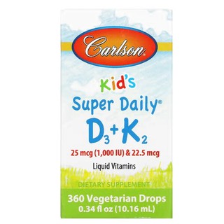 Carlson Labs, Kids, Super Daily D3+K2, 25 мкг (1000 МЕ) и 22,5 мкг, 10,16 мл (0,34 жидкой унции)