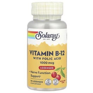 Solaray, Leden'tsilar bilan foliy kislotasi, vitamin B12, tabiiy olcha ta'mi, 1000 mg, 90 pastilka