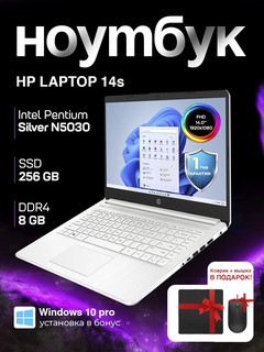 Ноутбук HP 14S PREMIUM, Intel N5030, 8 ГБ DDR4, 256 ГБ SSD, Intel UHD Graphics, 14.0" FHD, Win 10 PRO
