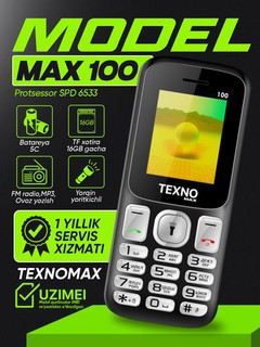 Knopkali Telefon Texnomax 100 Protsessor SPD 6533, 2 sim karta, FM radio, MP3, Ovoz yozish