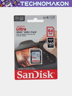 Карта памяти для фотоаппарата Sandisk Ultra SDXC, 64 ГБ, 140Mb/s