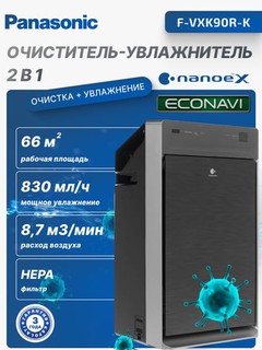 Климатический комплекс, очиститель и увлажнитель воздуха 2 в 1 Panasonic F-VXK90R-K, 38 M2