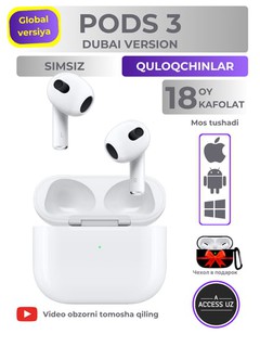 Simsiz quloqchinlar Pods 3 Dubai, iOS va Android uchun, sovg'aga g'ilof