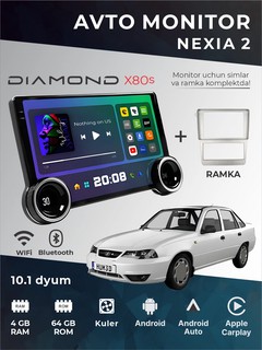 Авто монитор Tesla / Diamond X80 2K, 10.1 дюйма 4+64 ГБ, WiFi кулер, с рамкой и кабелями.