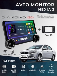 Авто монитор Tesla / Diamond X80 2K, 10.1 дюйма 4+64 ГБ, WiFi кулер, с рамкой и кабелями.
