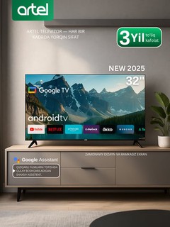 Televizor Artel A32NHCH001 32" Google Tv HD, ovozli qidiruv bilan masofadan boshqarish