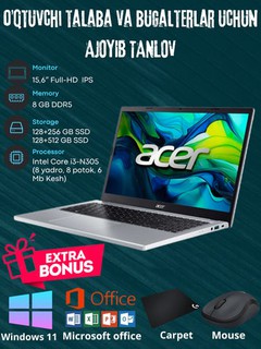Ноутбук Acer Core i3-N305 8GB DDR5, SSD 384GB, Дисплей 15.6" Full HD IPS 8 ядер, 8 потоков