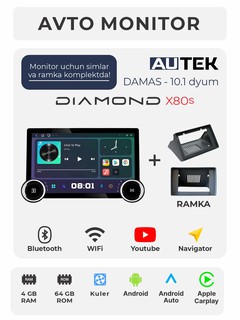 Авто монитор Tesla / Diamond X80 2K, 10.1 дюйма 4+64 ГБ, WiFi кулер, с рамкой и кабелями.