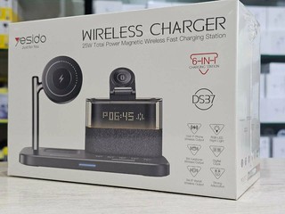 Беспроводная магнитная зарядная станция YESIDO 6-в-1 для устройств Apple Series — встроенный будильник — 25 Вт — 15 Вт с зарядкой MagSafe для телефона — 3 Вт для Apple Watch — ночник — DS37
