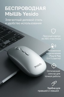 Мышь беспроводная Yesido KB15, встроенный аккумулятор 280mAh, 1600 DPI, 2,4 ГГц, серебристый, белый