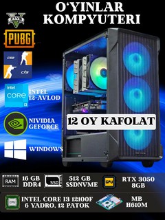 Системный блок для игр и графики, RTX 3050 8 ГБ, Corei3 12100F, H610M, 16 ГБ DDR4, SSD512 ГБ