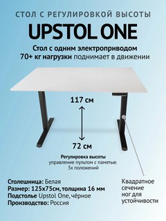 UPSTOL Компьютерный стол с регулируемой высотой One: рама черная и столешница ЛДСП белая 125х75 SHB2420-D450-B-W125