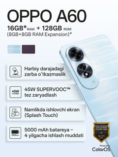 Smartfon OPPO A60 8+128GB 950nit 90Hz LCD 50MP 5000Mah 45W