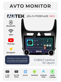 Авто монитор Tesla / Diamond X80 2K, 10.1 дюйма 4+64 ГБ, WiFi кулер, с рамкой и кабелями.