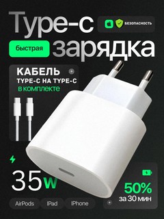 Зарядное устройство с быстрой зарядкой для iPhone 15/16Pro 15/16 ProMax 35Вт кабель Type-C