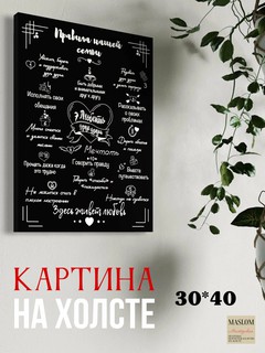 Картина для дома "Правила нашей семьи", на холсте, 30*40 см, А3 формат, черный