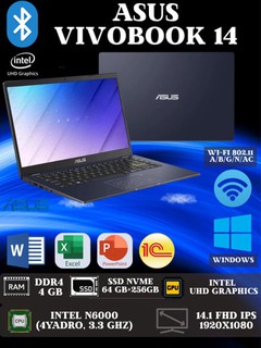 Ноутбук ASUS Vivobook 14, Intel N6000 4 ядра, 3.3GHz 4GB/64Gb+256GB SSD, 14.1FHD, Windows