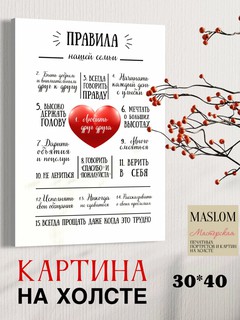 Картина для дома "Правила нашей семьи", на холсте, 30*40 см, А3 формат, красный/белый