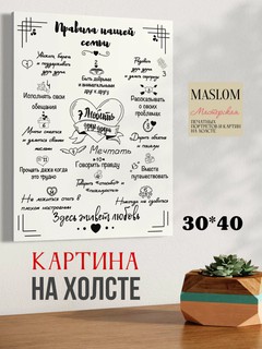 Картина для дома "Правила нашей семьи", на холсте, 30*40 см, А3 формат, белый