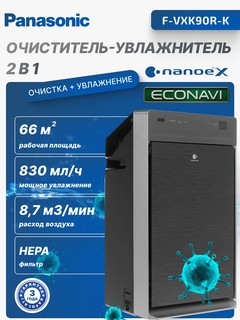 Климатический комплекс, очиститель и увлажнитель воздуха 2 в 1 Panasonic F-VXK90R-K, 38 M2