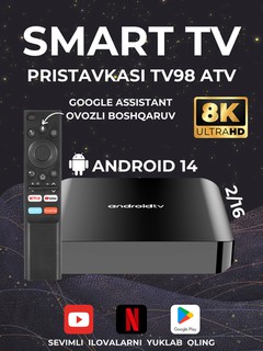 Televizor pristavkasi Smart TV Box 98 ATV, 2/16 GB, 8K Ultra HD, Wi-Fi 2.4G/5G, Android 14