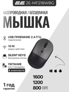 Беспроводная, бесшумная мышка для ноутбука и компьютера 2E-MF218WBG