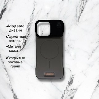 Чехол MetallAroma Black для iPhone 14 Pro Max, с ароматической вставкой, MagSafe дизайн, металлический верх, эко-кожа