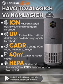 Очиститель воздуха и увлажнитель "Hofmann", HEPA-фильтры, 3,5 л создания комфортной атмосферы в помещении до 40 м²